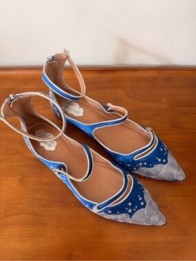 Aquazzura Blue Embroidered Pointed Ankle-Strap Flats